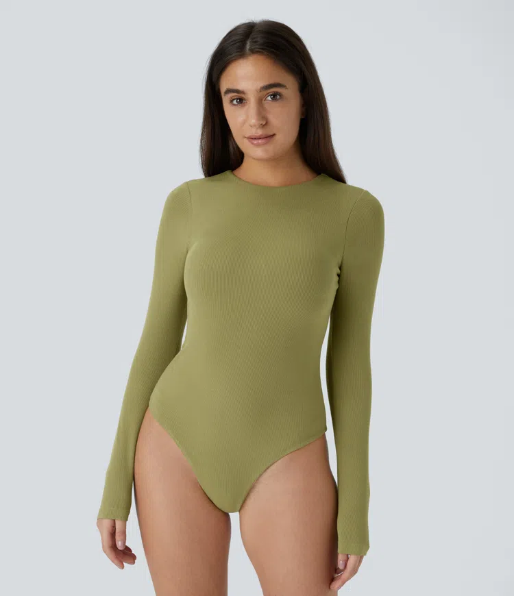 Ribbed knit long sleeve casual bodysuit with criss-cross tie