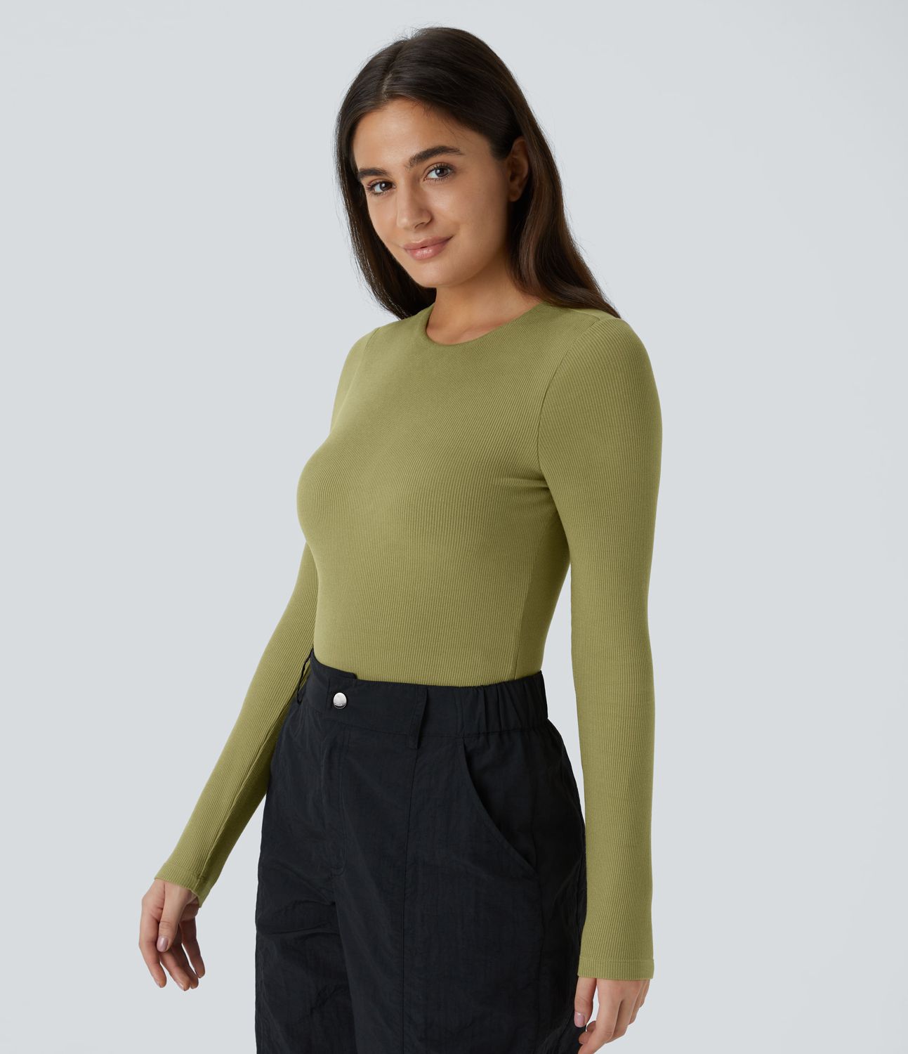 Ribbed Knit Crisscross Lace Up Long Sleeve Casual Bodysuit