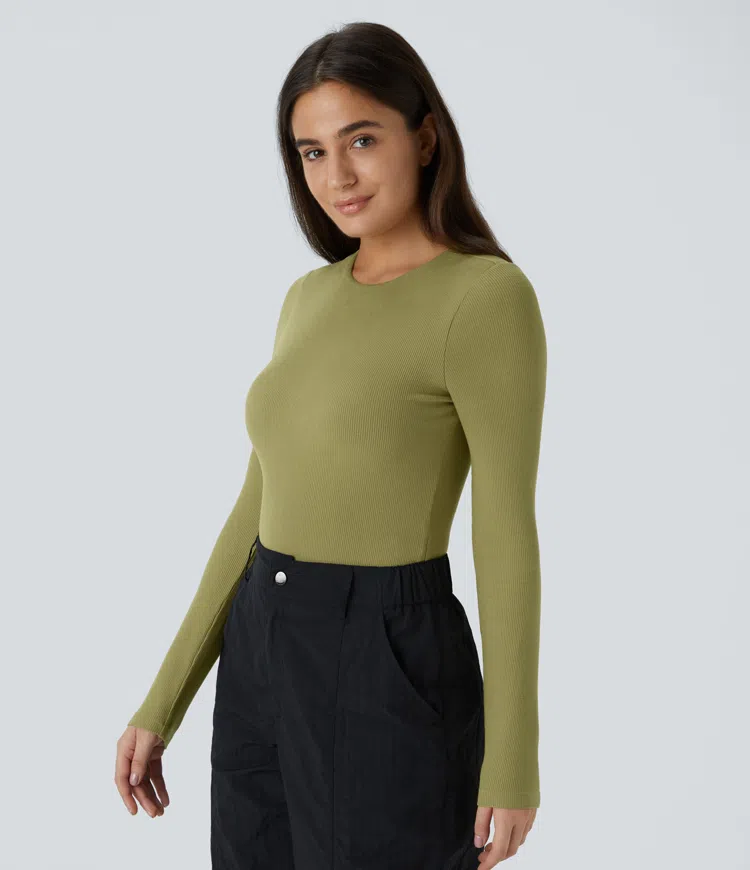 Ribbed knit long sleeve casual bodysuit with criss-cross tie