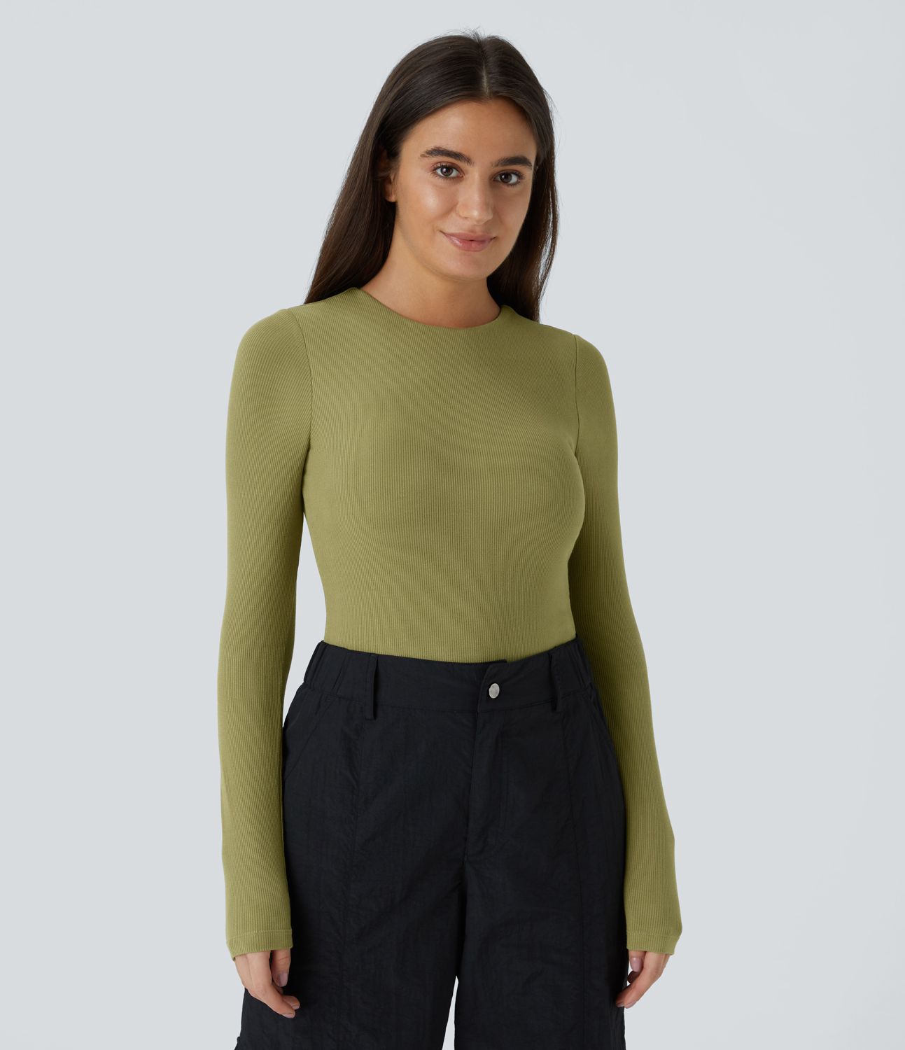 Ribbed Knit Crisscross Lace Up Long Sleeve Casual Bodysuit