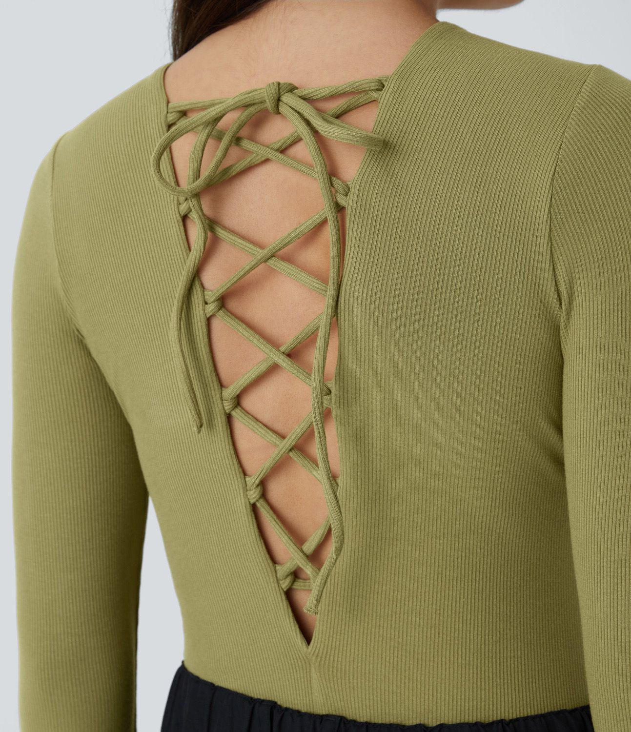 Ribbed Knit Crisscross Lace Up Long Sleeve Casual Bodysuit