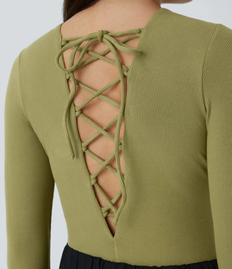 Ribbed knit long sleeve casual bodysuit with criss-cross tie