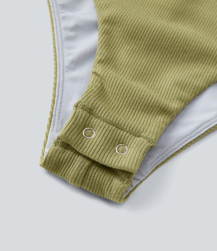 Ribbed knit long sleeve casual bodysuit with criss-cross tie