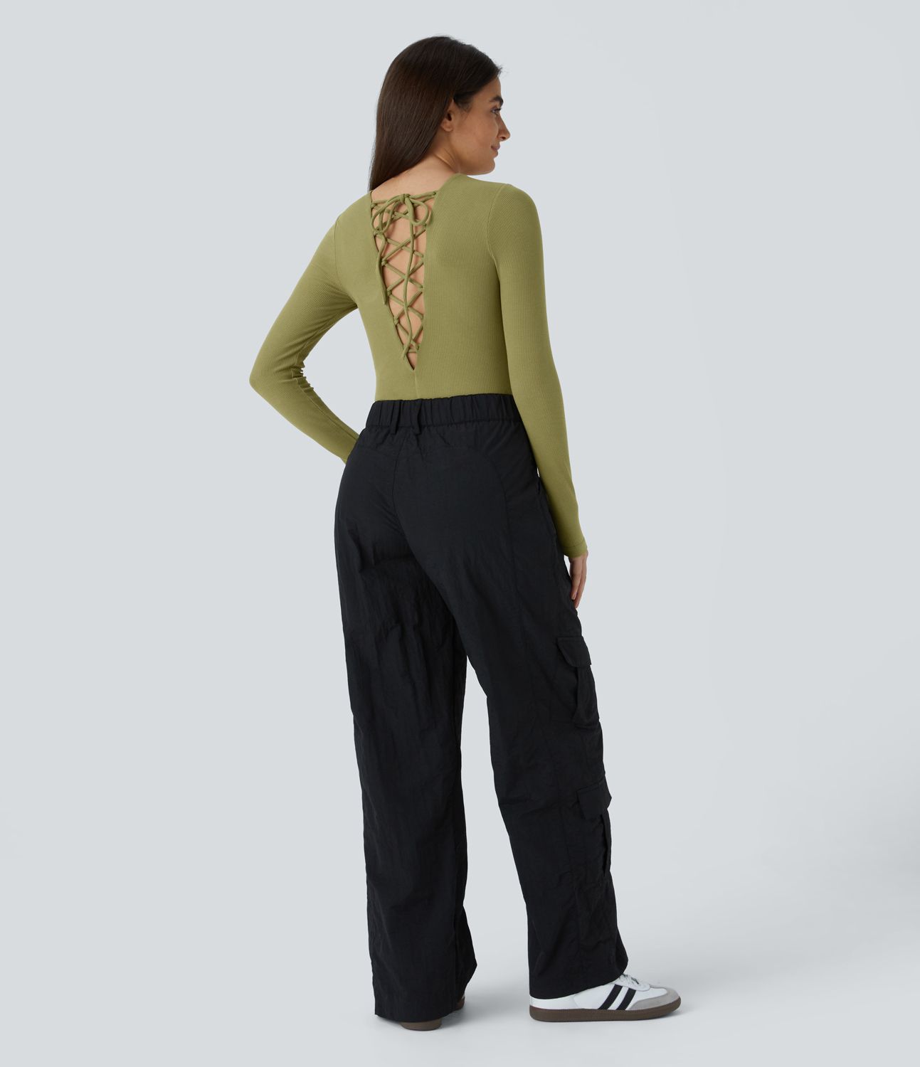 Ribbed Knit Crisscross Lace Up Long Sleeve Casual Bodysuit