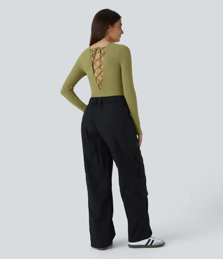Ribbed knit long sleeve casual bodysuit with criss-cross tie
