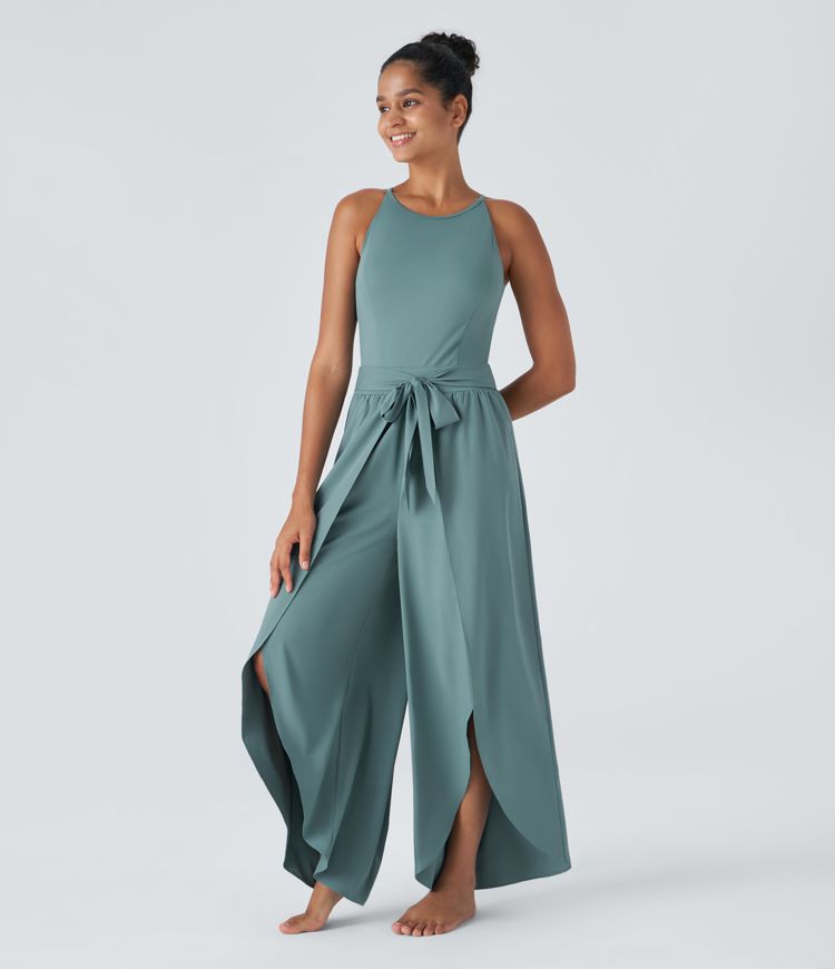 Breezeful™ backless front tie design Palazzo Floewi split wide quick dry yoga jumpsuit