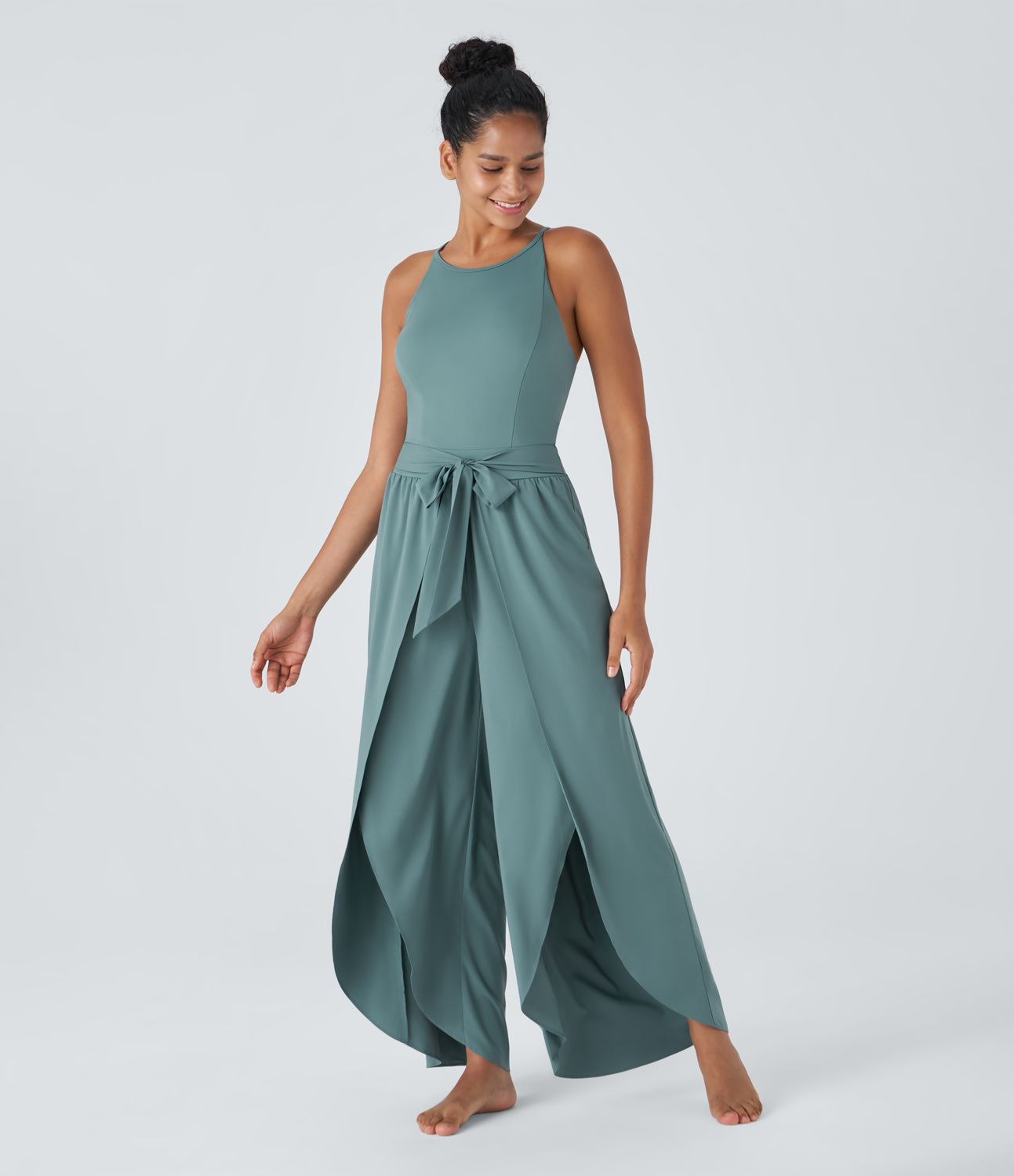 Breezeful™ backless front tie design Palazzo Floewi split wide quick dry yoga jumpsuit