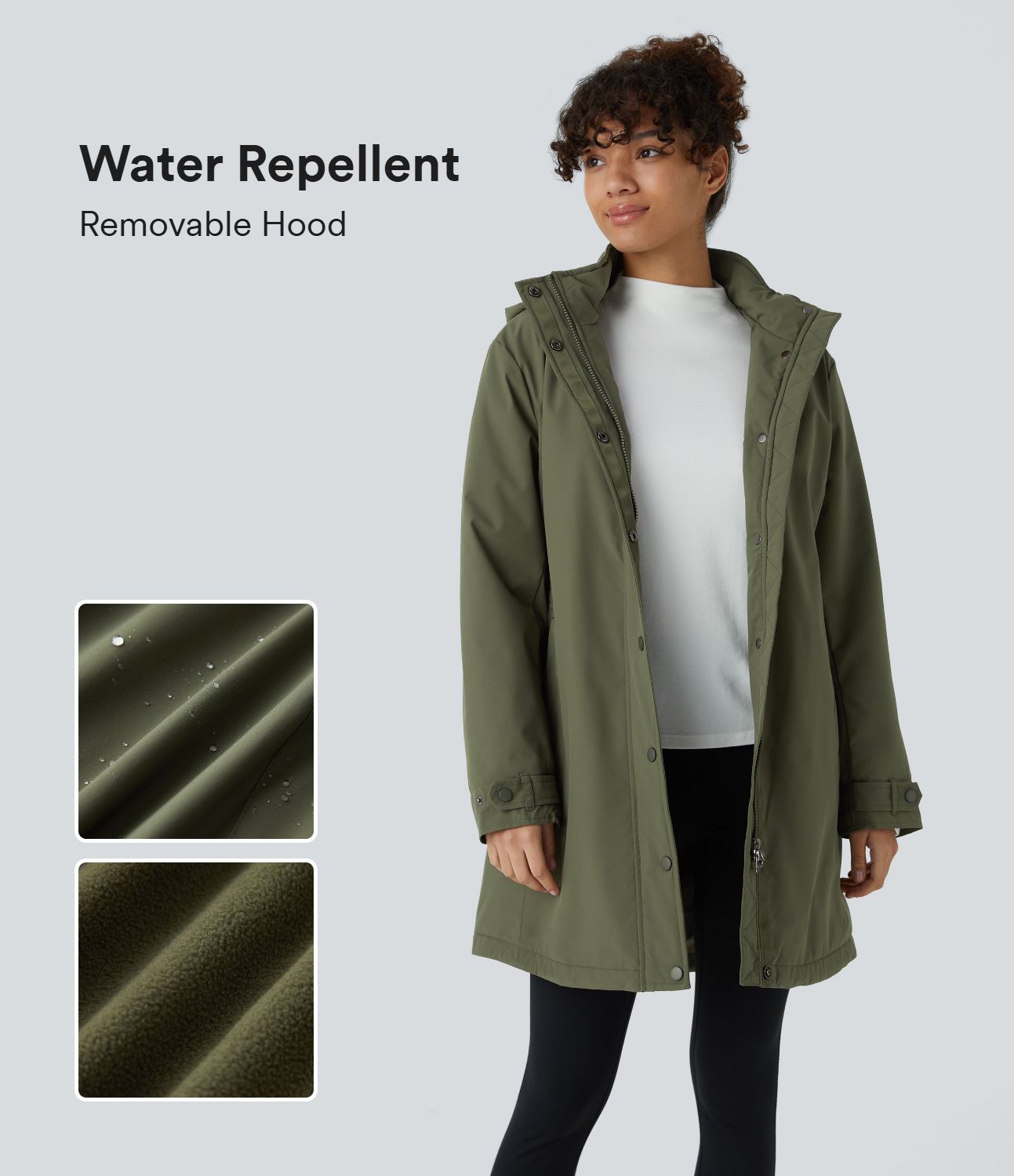 Veste longue de randonnée en polaire avec capuche amovible et col montant