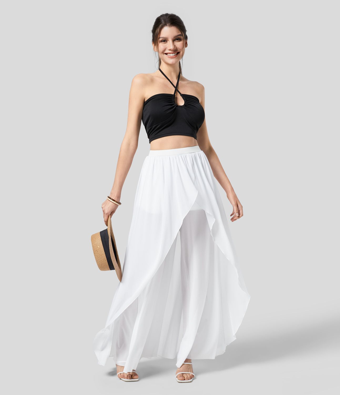 Pantalón Palazzo vacación fluido pierna ancha bolsillo lateral tiro alto