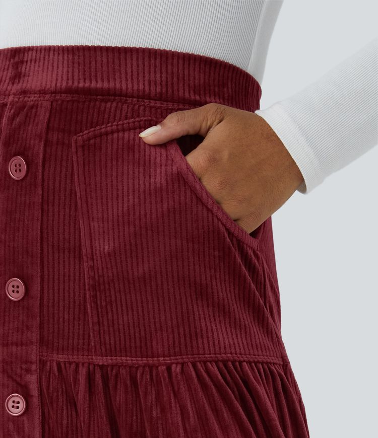 Falda larga terciopelo acanalado tiro alto botón decorativo bolsillo lateral plisado