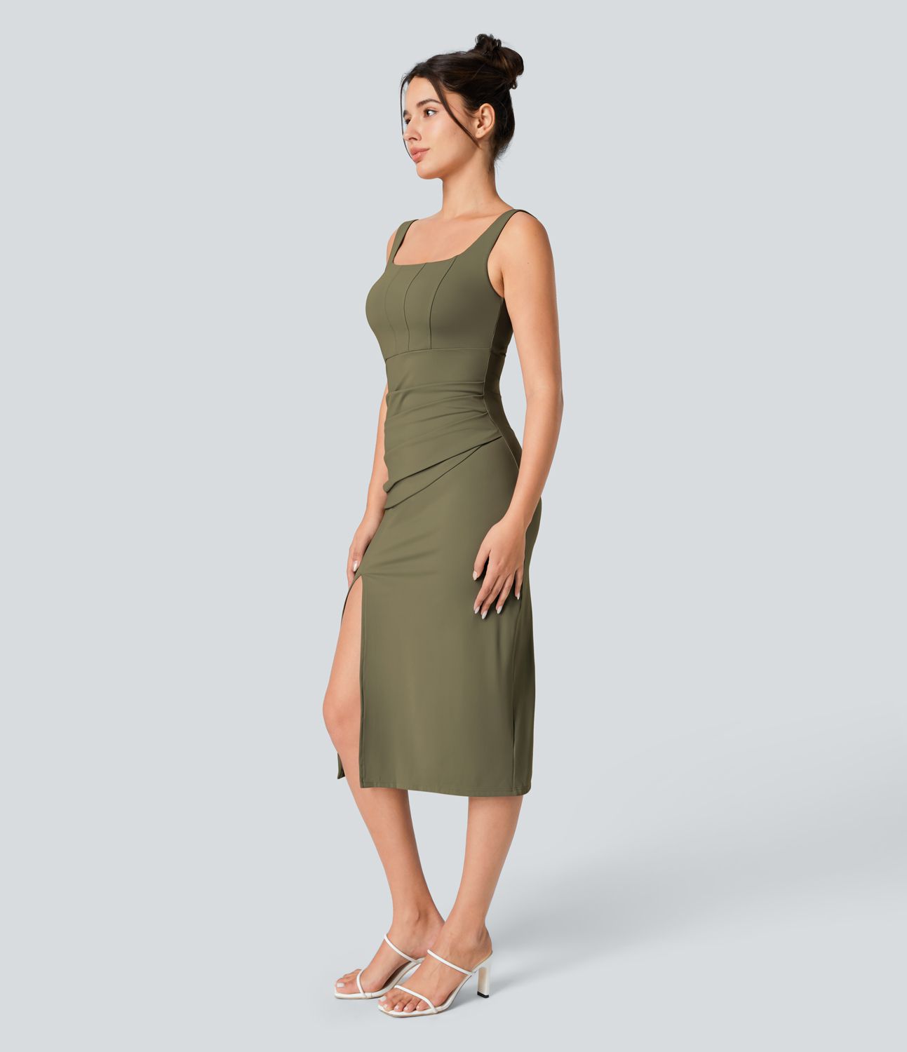 Softlyzero™ Airy Square Neck Backless Corset Ruched Split Bodycon Midi Cool Touch Bridesmaid and Wedding Guest Dress