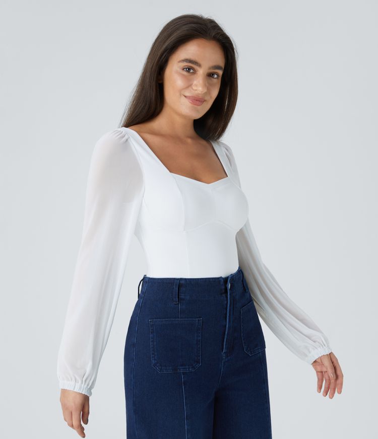 SoftlyZero™ Airy Sweetheart Neck Contrast Mesh Bishop Sleeve Cool Touch Casual Bodysuit-UPF50+