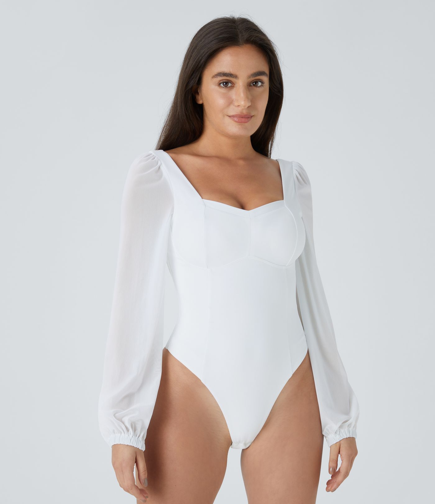 SoftlyZero™ Airy Sweetheart Neck Contrast Mesh Bishop Sleeve Cool Touch Casual Bodysuit-UPF50+