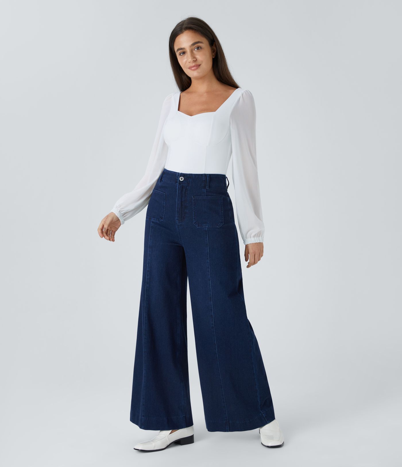 SoftlyZero™ Airy Sweetheart Neck Contrast Mesh Bishop Sleeve Cool Touch Casual Bodysuit-UPF50+