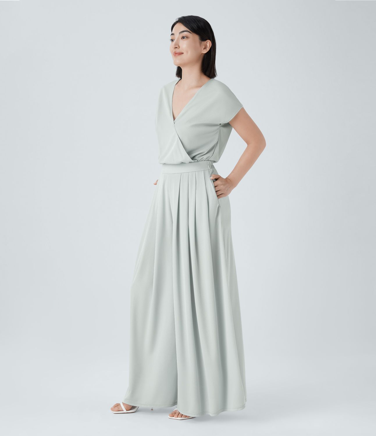 V Neck Short Sleeve Side Pocket Wide Leg Flowy Waffle Casual Jumpsuit