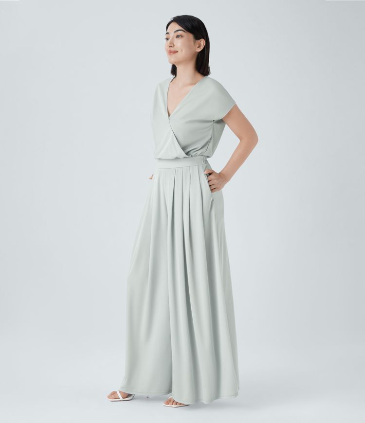 V Neck Short Sleeve Side Pocket Wide Leg Flowy Waffle Casual Jumpsuit