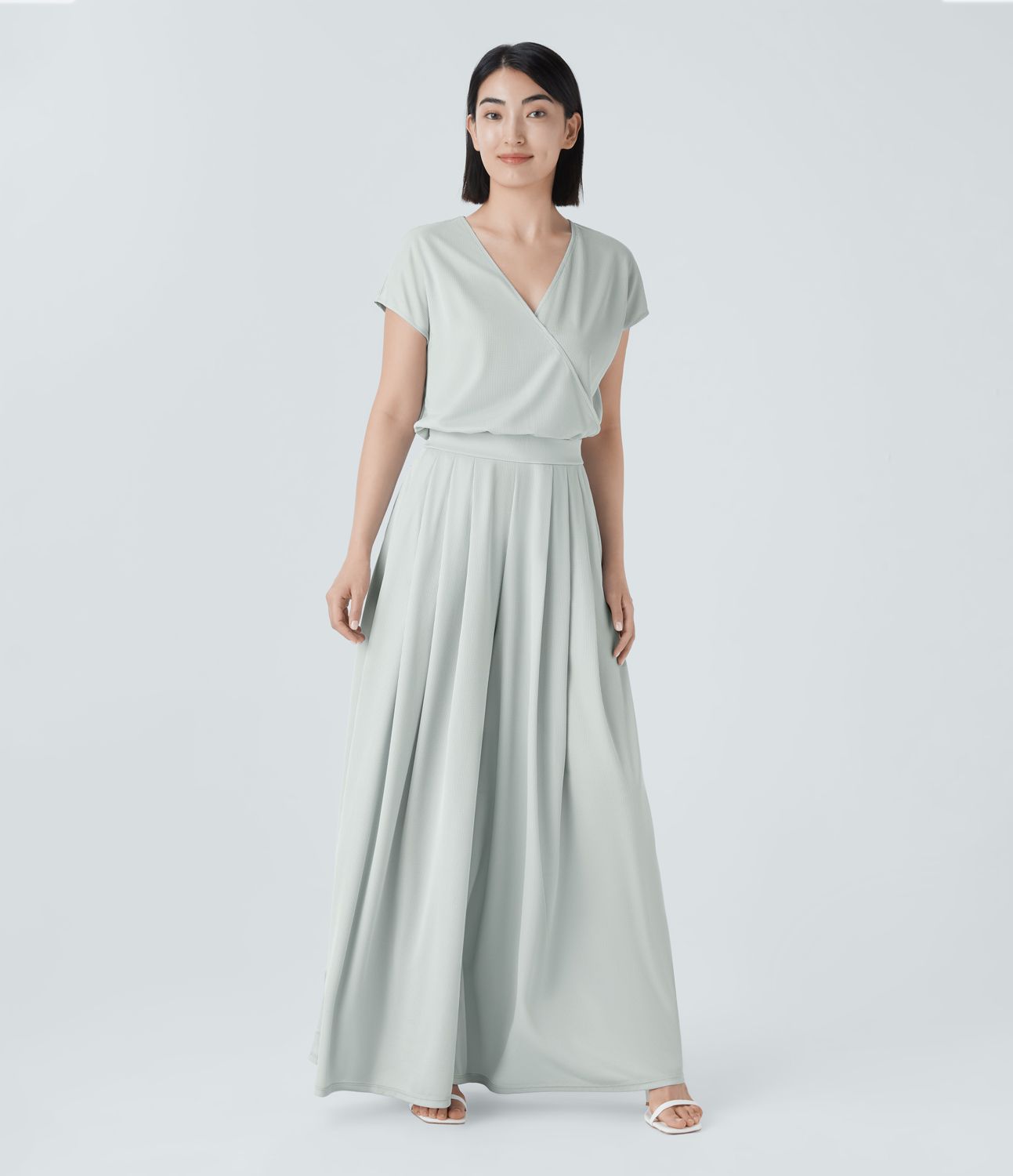 V Neck Short Sleeve Side Pocket Wide Leg Flowy Waffle Casual Jumpsuit