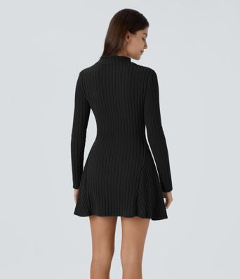 Ribbed Knit Stand Collar Long Sleeve Mini Casual Dress