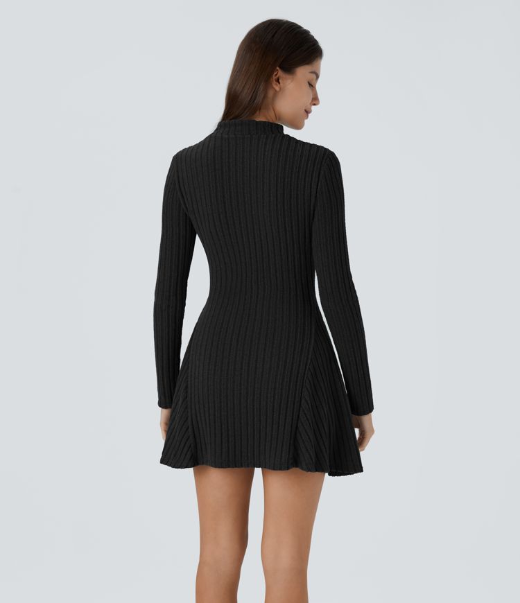 Ribbed Knit Stand Collar Long Sleeve Mini Casual Dress