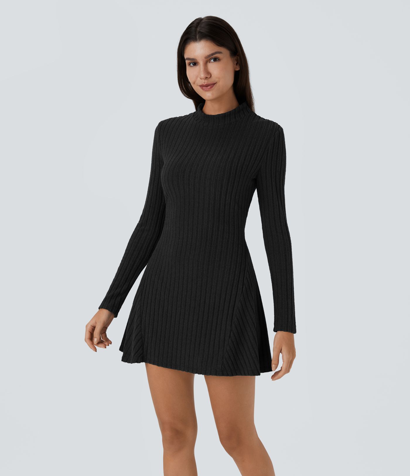 Ribbed Knit Stand Collar Long Sleeve Mini Casual Dress
