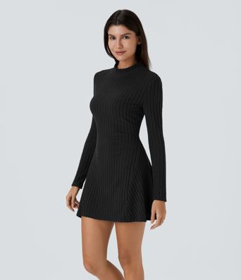 Ribbed Knit Stand Collar Long Sleeve Mini Casual Dress