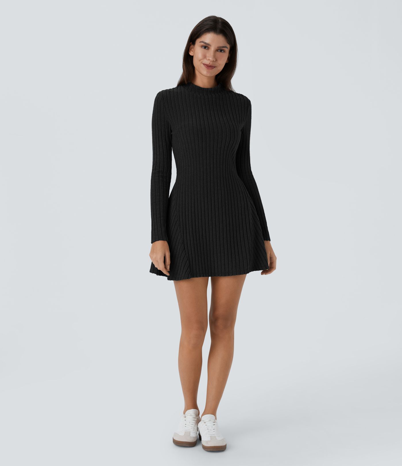 Ribbed Knit Stand Collar Long Sleeve Mini Casual Dress