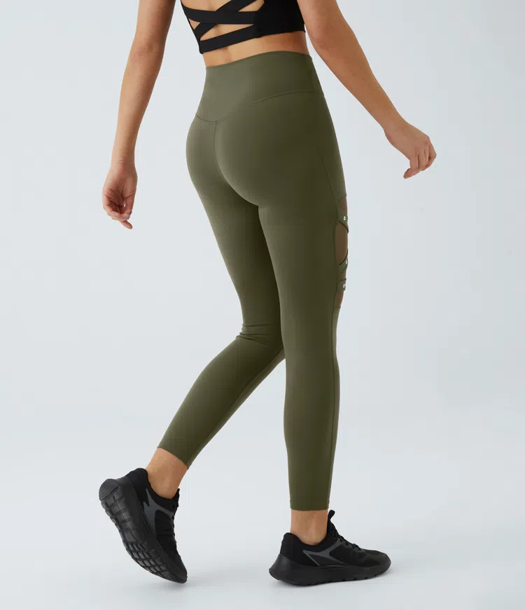 High Waisted Crossover Contrast Mesh Decorative Buckle Yoga Leggings