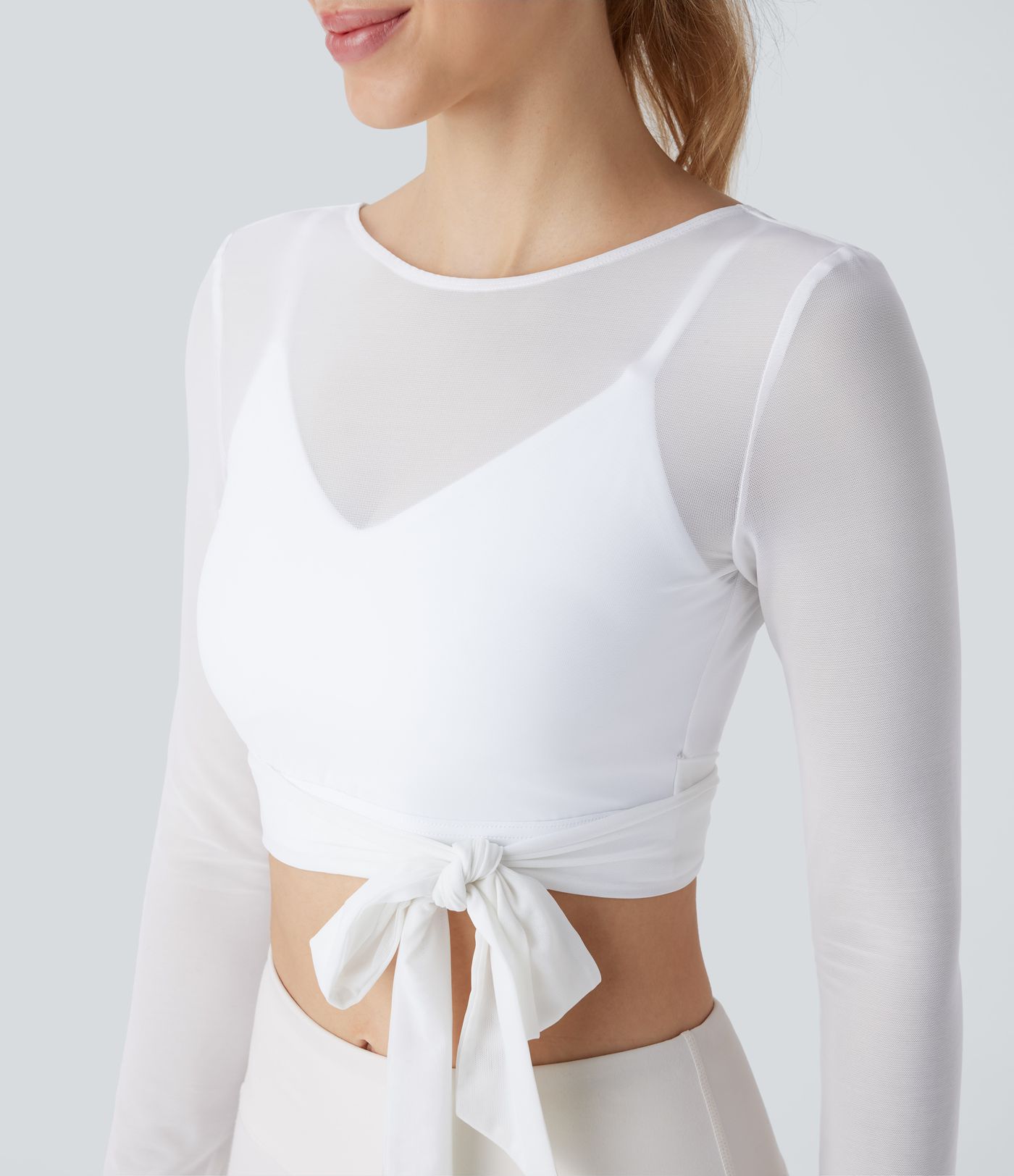 Softlyzero™ Airy - Rückenfreies, verkürztes Yoga-Sport-Top mit kontrastierendem Netzstoff zum seitlich Binden