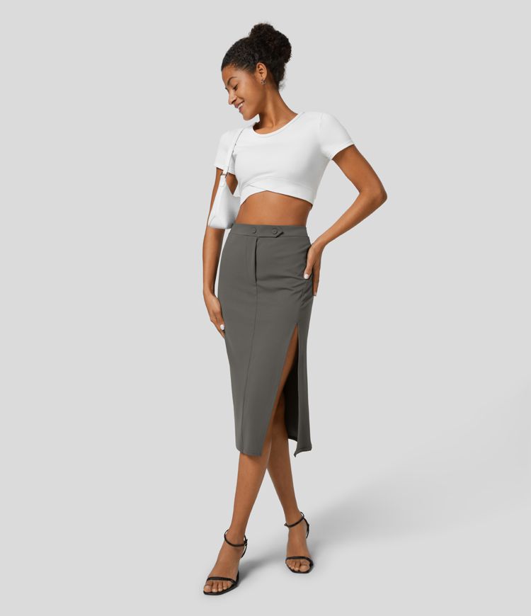 High waist decorative button split midi workwear skirt