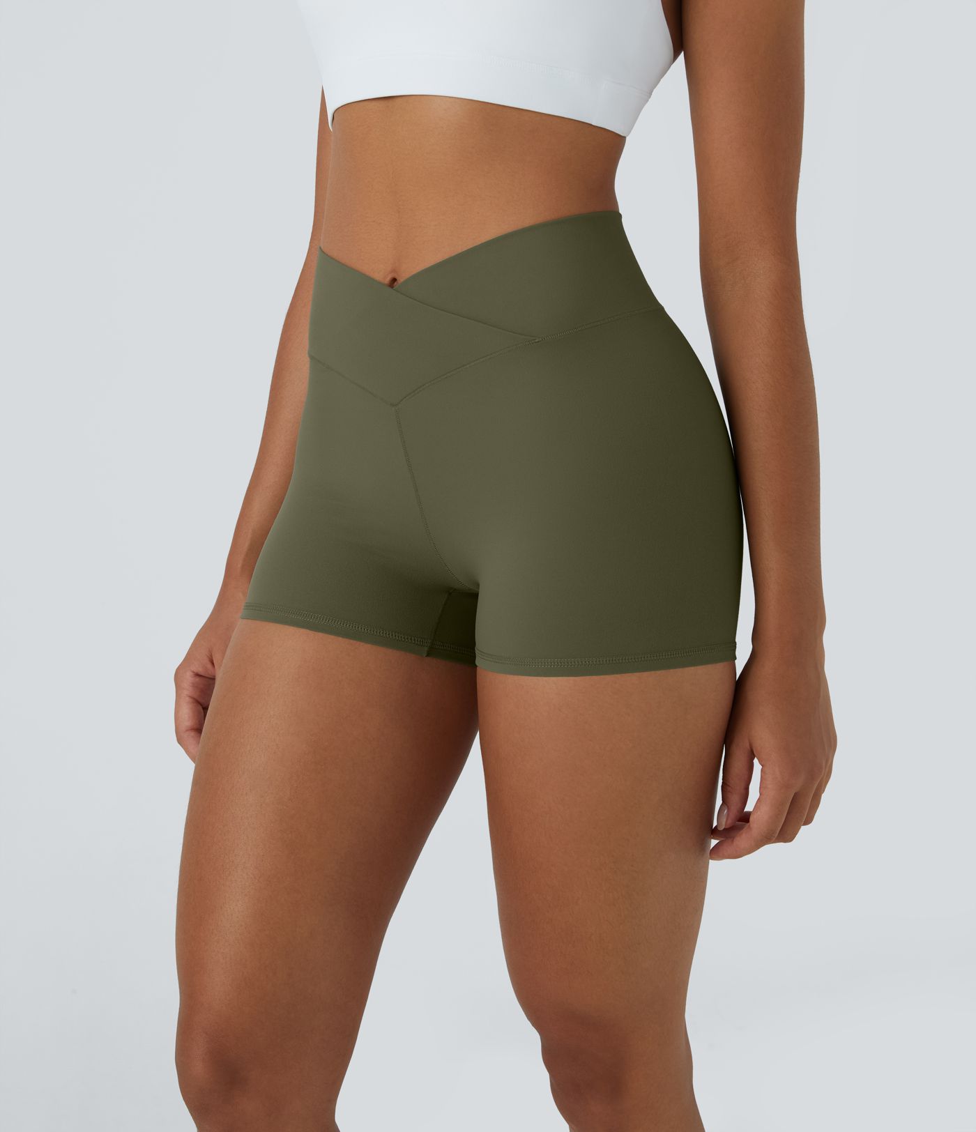 SoftlyZero™ High Waisted Crossover Women Gym Running Mini Plain Yoga Biker Shorts 3''-UPF50+