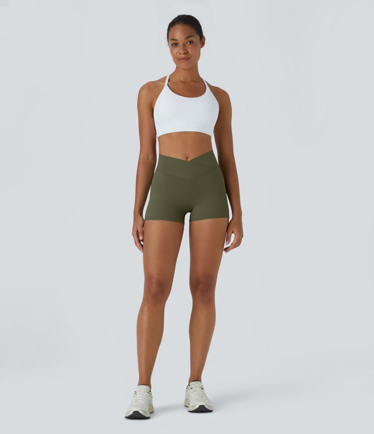 SoftlyZero™ High Waisted Crossover Women Gym Running Mini Plain Yoga Biker Shorts 3''-UPF50+