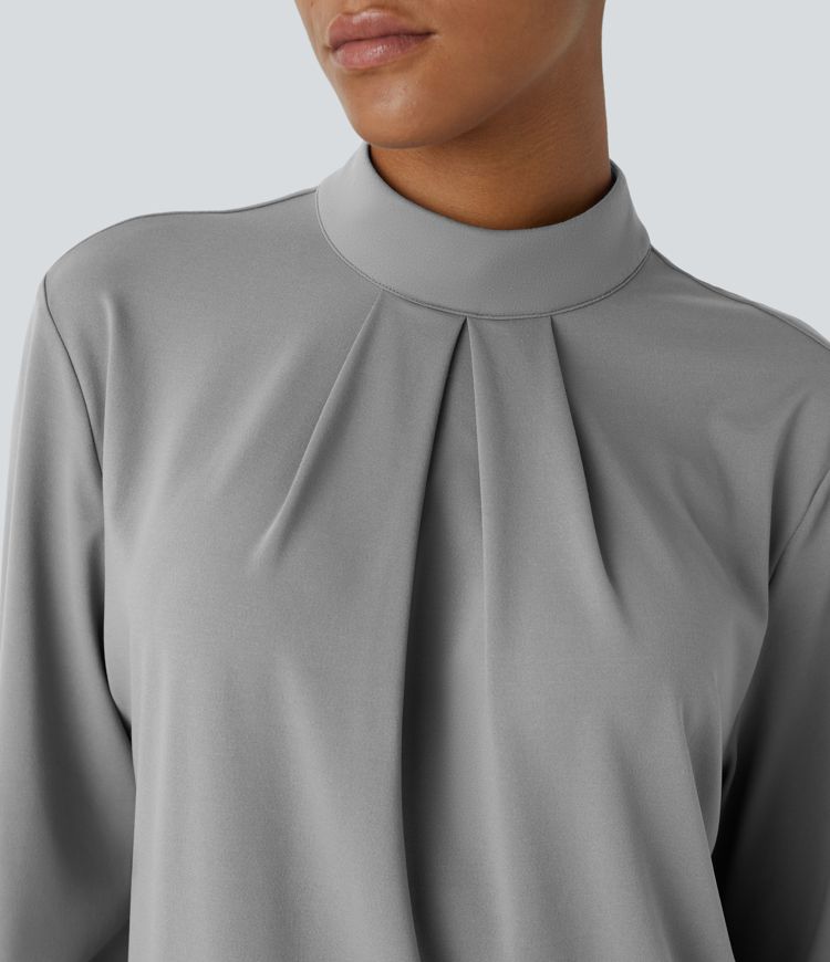 Stand collar pleated button back long sleeve work blouse