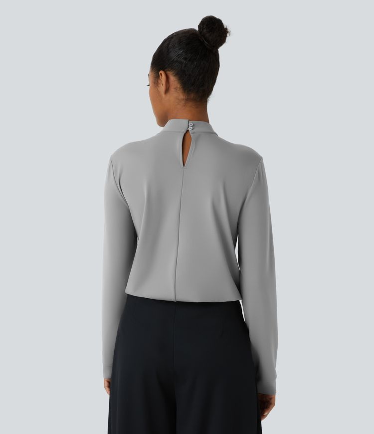 Stand collar pleated button back long sleeve work blouse