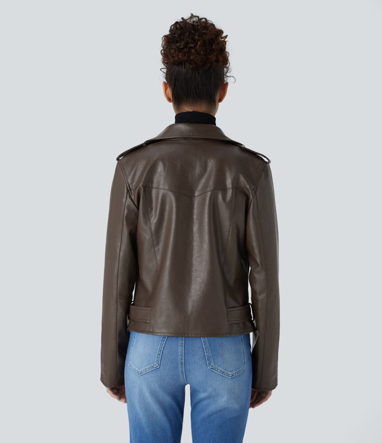Lapel Snap Button Side Pocket Zipper Belted Relaxed Casual PU Biker Jacket