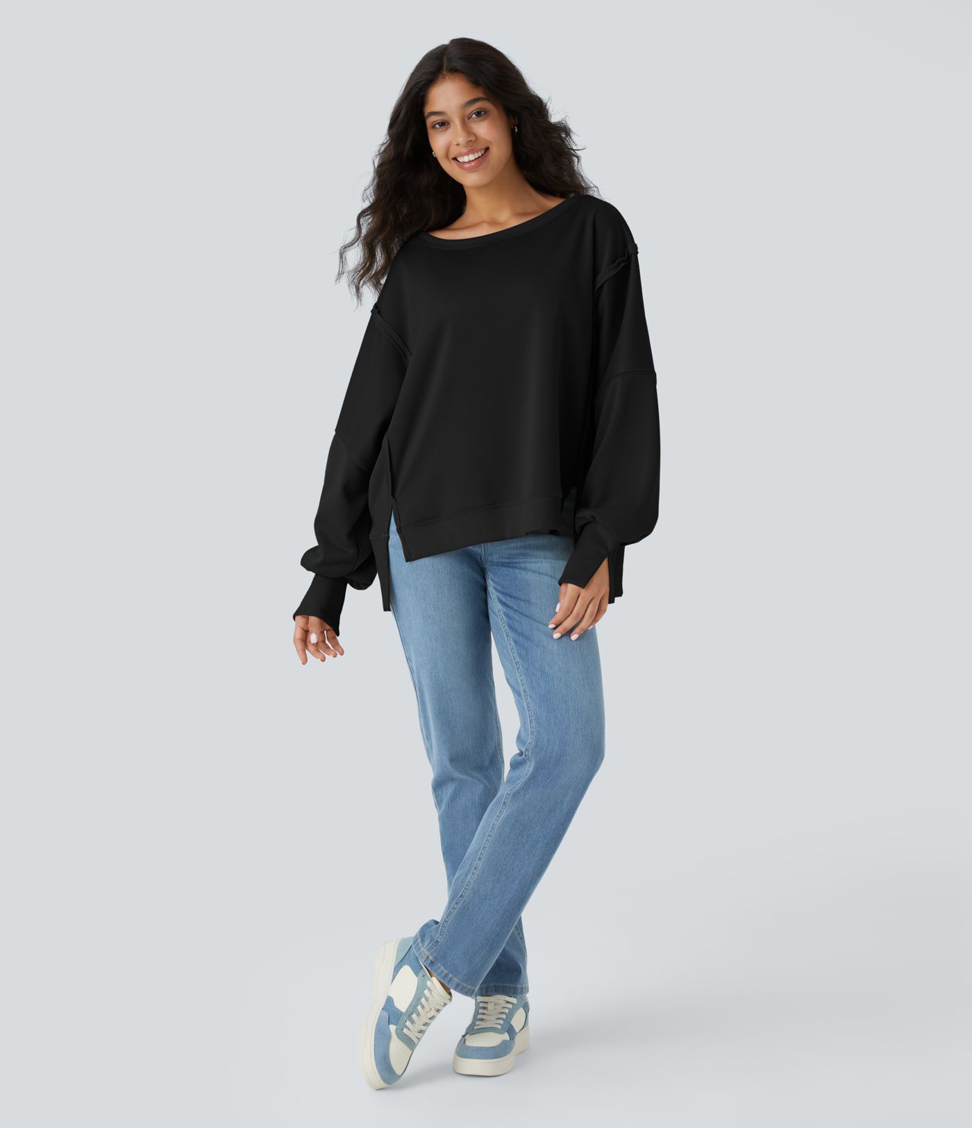 Round Neck Dropped Shoulder Long Sleeve High Low Split Hem Relaxed Casual Sweatshirt