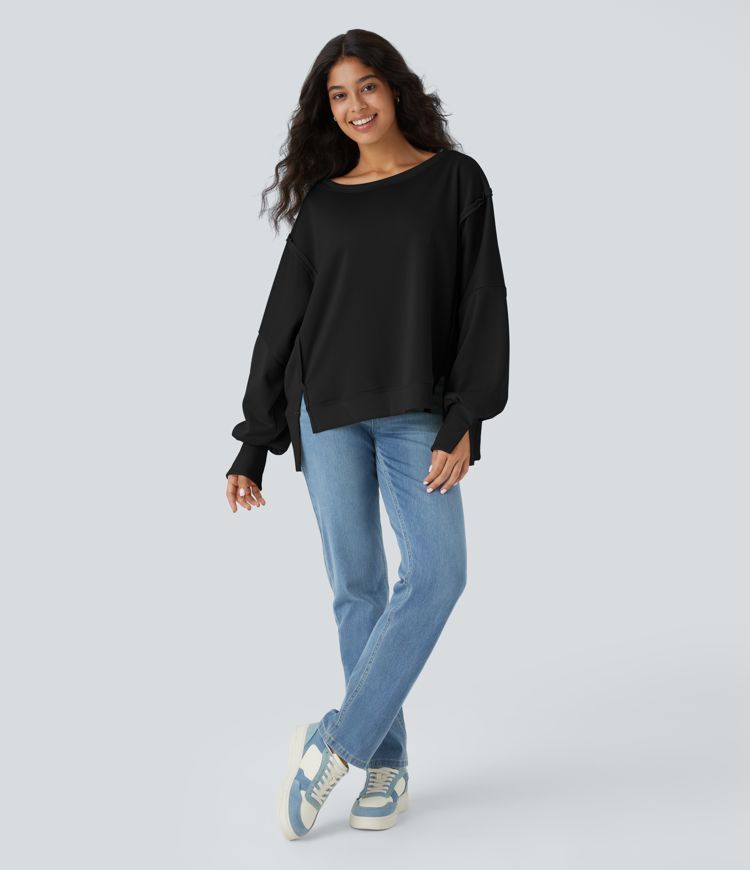 Round Neck Dropped Shoulder Long Sleeve High Low Split Hem Relaxed Casual Sweatshirt