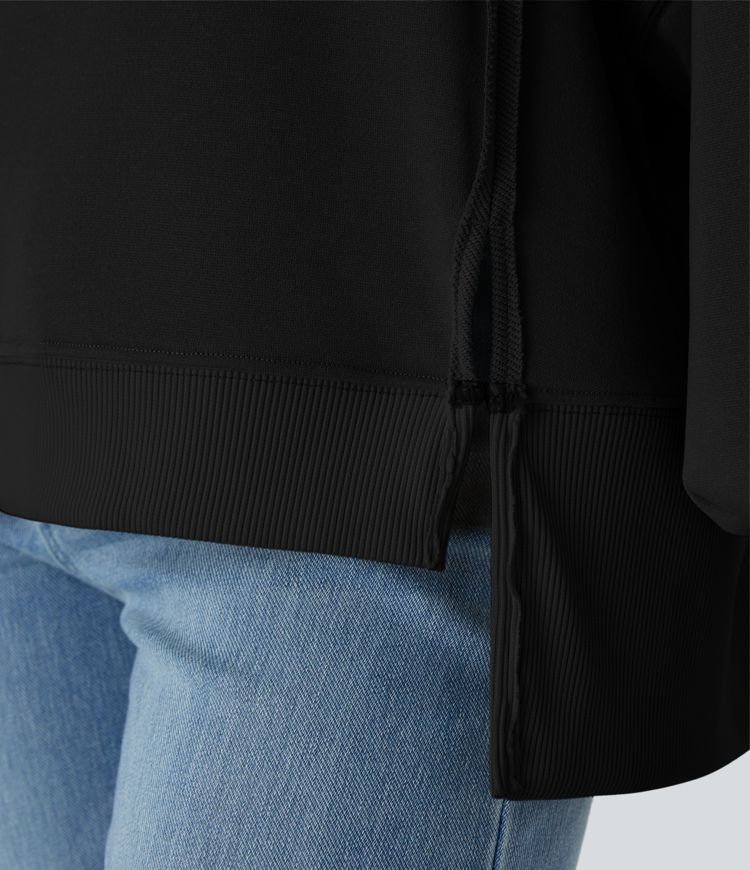 Round Neck Dropped Shoulder Long Sleeve High Low Split Hem Relaxed Casual Sweatshirt