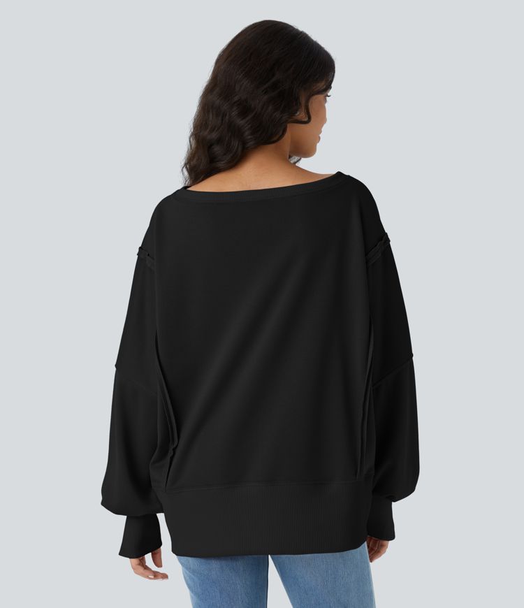 Round Neck Dropped Shoulder Long Sleeve High Low Split Hem Relaxed Casual Sweatshirt