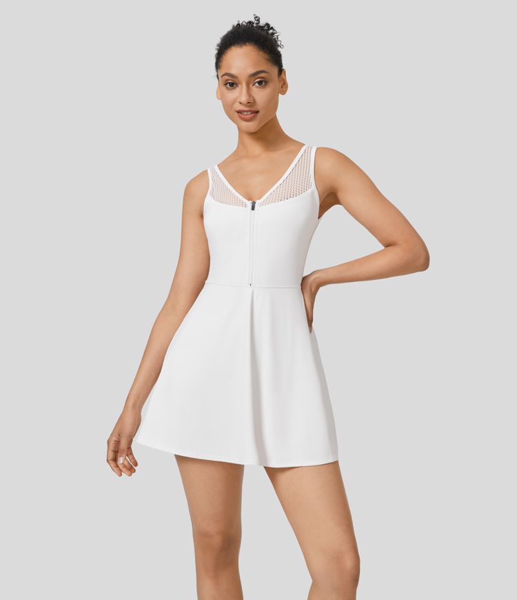 Mini Vestido Softlyzero™ QuickDry tenis secado rápido cuello V sin manga cremallera sin espalda malla contrastante bolsillo lateral 2 en 1