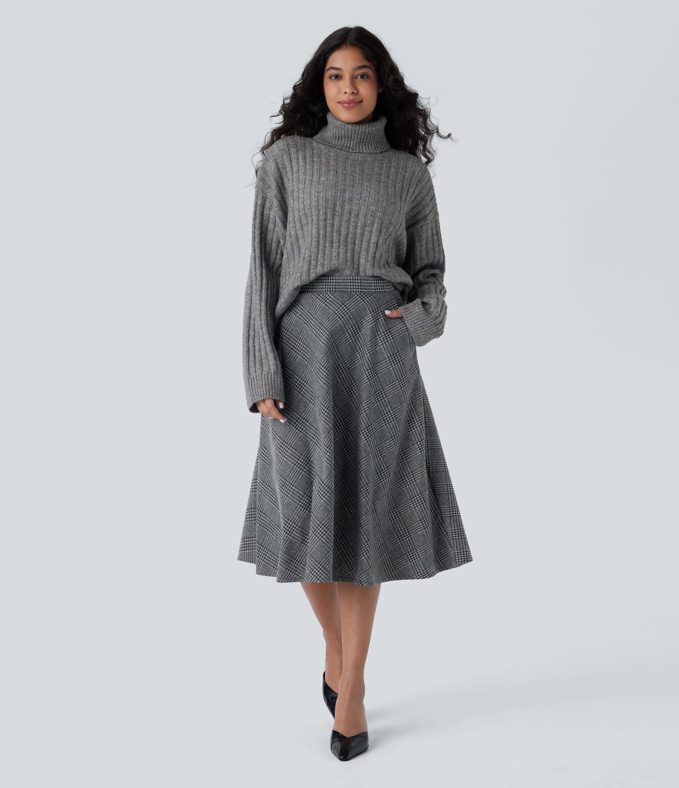 High Waisted Pocket Houndstooth Plaid Flare Midi Casual Skirt