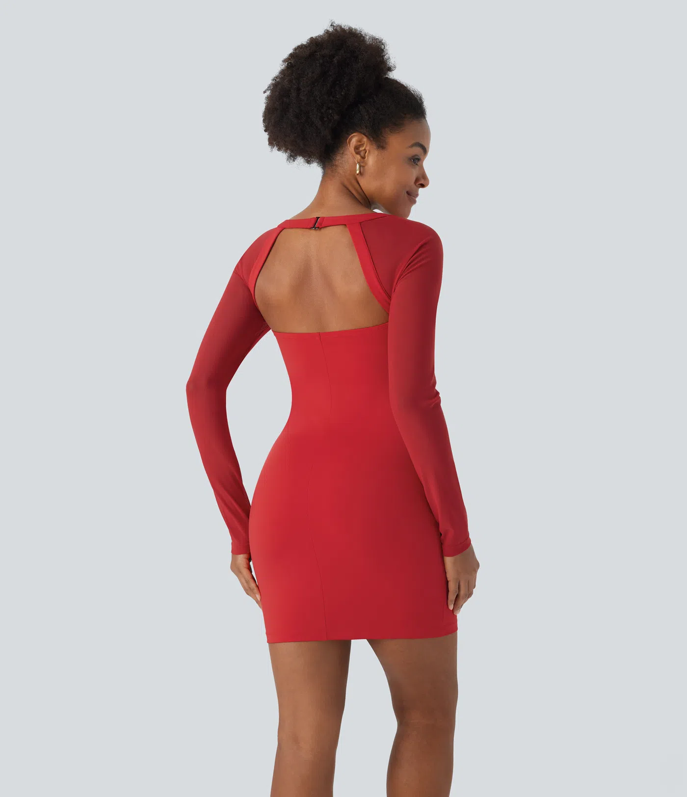 Softlyzero™ Airy rückenfreies, langärmliges, figurbetontes Mini-Cool-Touch-Partykleid mit quadratischem Ausschnitt und kontrastierendem Netzstoff