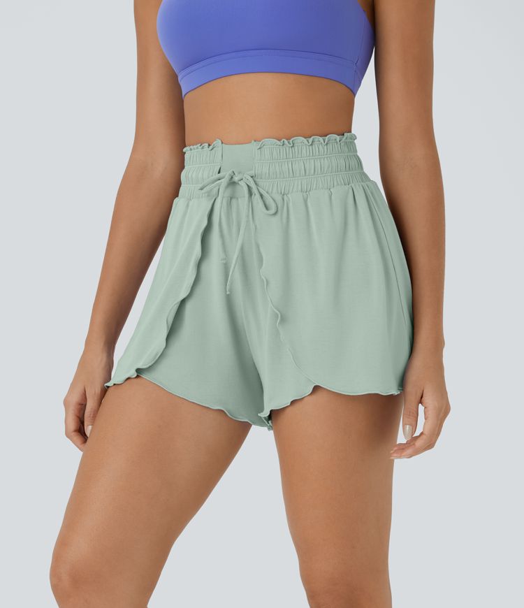 Pantalón corto apilado fluido cordón tiro alto elástico volante 7.5cm