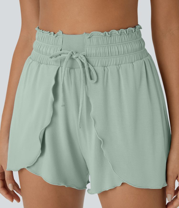 Pantalón corto apilado fluido cordón tiro alto elástico volante 7.5cm