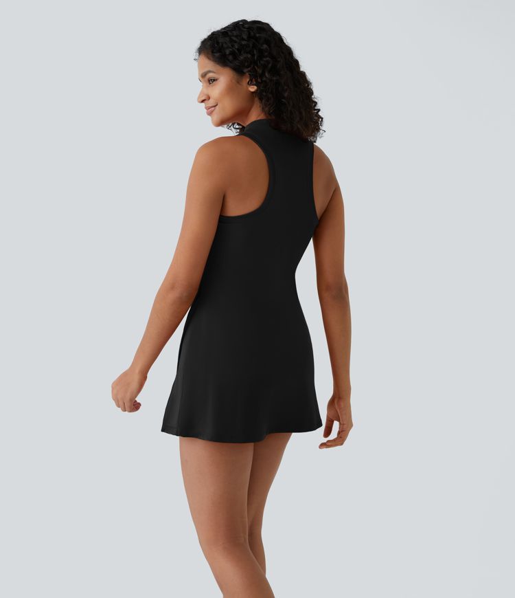 Zipper Racerback Split Side Pocket 2-Piece Mini Tennis Active Dress