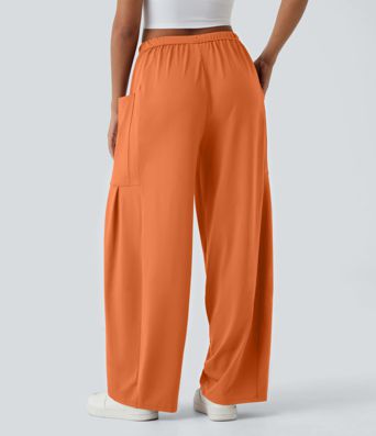 Miðhá Teygjanleg Mittisband Snúningsstrengur Vasi Palazzo Flæðandi Víðar Fótleggja Frístundabuxur