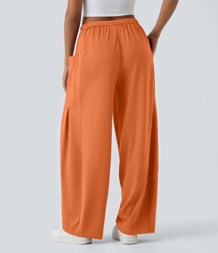 Miðhá Teygjanleg Mittisband Snúningsstrengur Vasi Palazzo Flæðandi Víðar Fótleggja Frístundabuxur