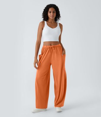 Miðhá Teygjanleg Mittisband Snúningsstrengur Vasi Palazzo Flæðandi Víðar Fótleggja Frístundabuxur