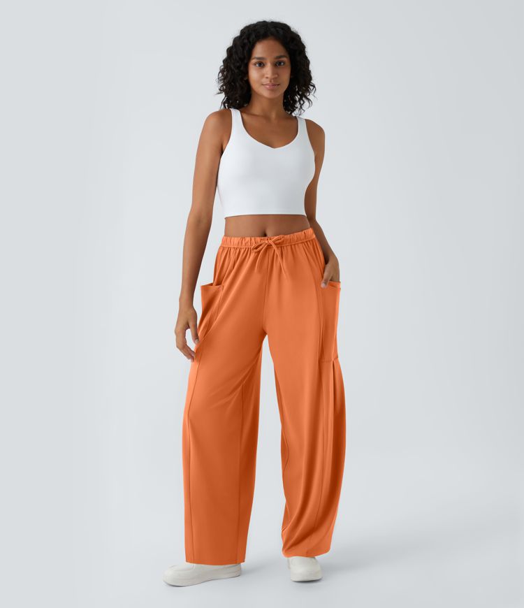 Miðhá Teygjanleg Mittisband Snúningsstrengur Vasi Palazzo Flæðandi Víðar Fótleggja Frístundabuxur