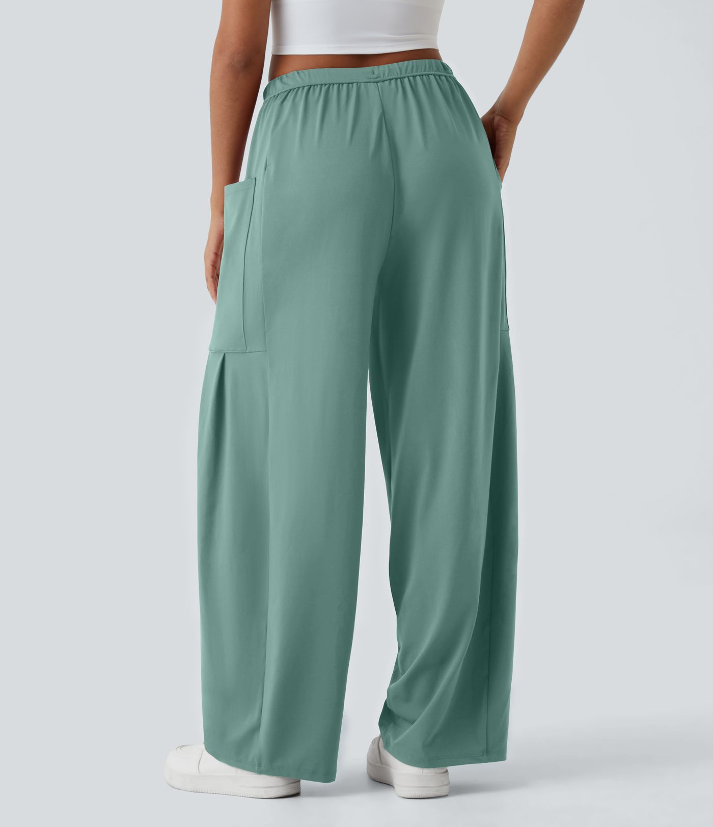 Mid Rise Elastic Waistband Drawstring Pocket Palazzo Flowy Wide Leg Baggy Casual Pants