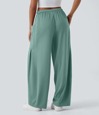 Mid Rise Elastic Waistband Drawstring Pocket Palazzo Flowy Wide Leg Baggy Casual Pants